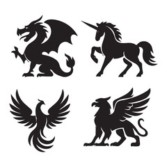 Mythical Creature Silhouette Logo Set – Dragon, Unicorn, Phoenix, Griffin