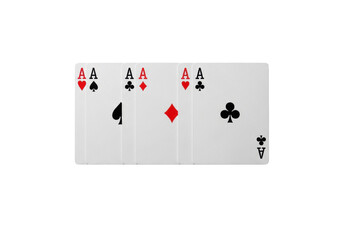 Hyper-detailed macro studio photo of four ace playing cards (spades, hearts, clubs, diamonds) neatly arranged on a high-key white background with copy space. Concept of gambling success and strategic