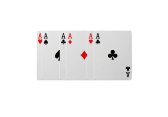 Hyper-detailed macro studio photo of four ace playing cards (spades, hearts, clubs, diamonds) neatly arranged on a high-key white background with copy space. Concept of gambling success and strategic