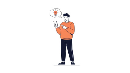 Man using smartphone with idea light bulb in speech bubble, creative thinking