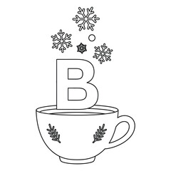Cozy winter letter b with hot beverage and snowflakes