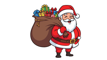 Cheerful Santa Claus with a sack full of colorful gifts, ready for holiday delivery