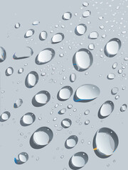 Abstract macro texture of clear blue raindrops on a wet transparent glass surface