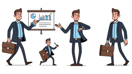 Cartoon business team illustration showing progress and different working dynamics and time management
