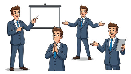 Animated Business Professional in Various Poses Depicting Presentation and Communication