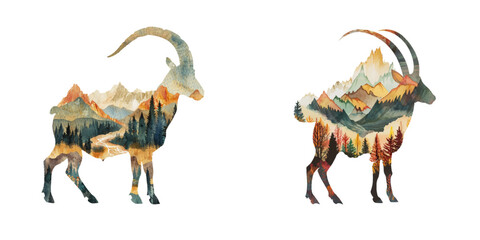 silhouette ibex with mountain scene inside watercolor vector illustration