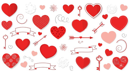 Seamless Pattern of Red Hearts, Keys, Ribbons, Arrows and Swirls for Valentine's Day