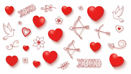 Valentine's Day themed seamless pattern with red hearts, flowers, doves, and cupid's bow