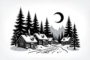 Obraz premium Monochrome Winter Village Scene with Crescent Moon.