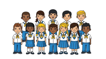 Diverse group of cartoon students standing in uniform for school vector illustration