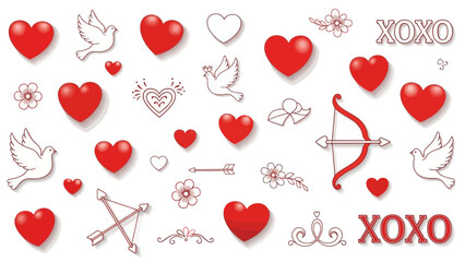 Valentine's Day themed background with hearts, doves, Cupid's bow and arrow icons