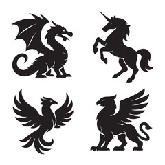 Mythical Creature Silhouette Logo Set &ndash; Dragon, Unicorn, Phoenix, Griffin
