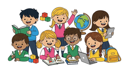 A group of diverse cartoon school children are depicted in an educational setting