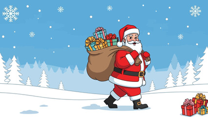 Cartoon Santa Claus Carrying a Bag Full of Gifts in a Winter Landscape Scene