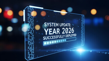 Futuristic transparent HUD screen displaying System Update Year 2026 Successfully Deployed