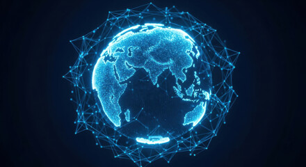 A glowing blue digital globe displays continents surrounded by a connecting web of lines, set against a dark background, symbolizing global network and technology.