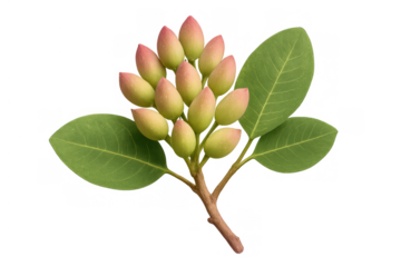 Pistachio branch with unripe nuts and fresh green leaves on transparent background, symbolizing growth and natural harvest