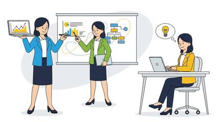 Professional woman multitasking in business presentations and creative work at desk