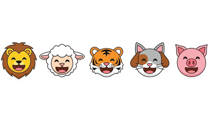 Cheerful cartoon animal faces featuring a lion, sheep, tiger, dog, and pig characters