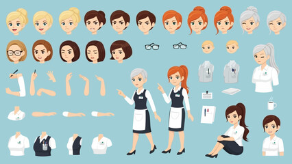 Cartoon female character creation kit with diverse hairstyles and expressions
