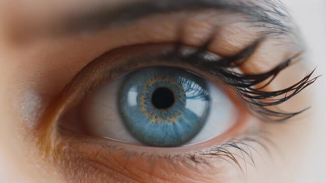 Opening and blinking female eye with a blue iris and long lashes painted with mascara. Gray eye close up of the iris and the pupil dilation and contracts. Eyeball, retina, eyelid. Slow motion.