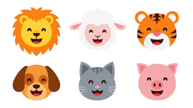 Adorable collection of animal cartoon faces featuring lion, sheep, tiger, dog, cat and pig