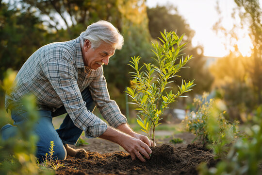 Elderly man planting a tree in the garden during sunset   - Powered by Adobe