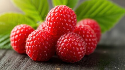 Macro shot of fresh red raspberries on a dark textured surface.