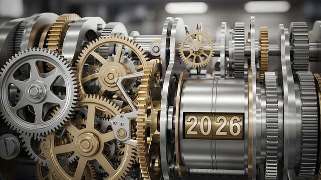 Industrial metal gears mechanism with mechanical counter displaying the year 2026