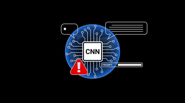 Digital circuit board with CN text and warning symbol on black background artificial intelligence computer chip