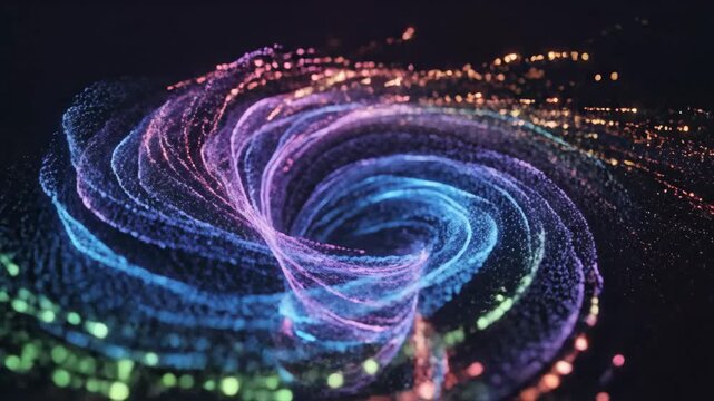 Futuristic swirling particle vortex abstract background design with glowing neon data streams in motion