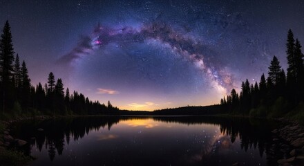 Naklejka premium A lake mirroring a vast, vibrant, starry Milky Way arc with a dark forest silhouette