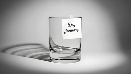 Empty Whiskey Glass with Dry January Note Highlighting Alcohol-Free Health Challenge and Wellness Lifestyle