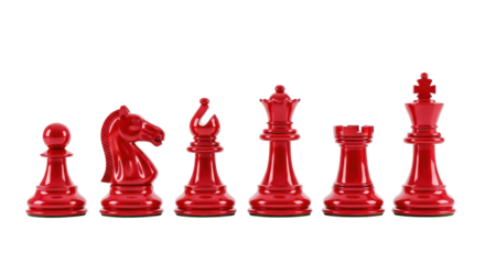 A precise row of six sleek, modern, candy-apple red chess pieces with a glossy lacquered finish, isolated on a white reflective studio background with copy space. Concept of intellectual strategy