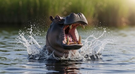 Fototapeta premium A large hippo bursts from water, mouth agape, creating a splash, with a blurred background