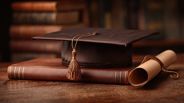 A graduation cap and diploma on a wooden table with books in the background.