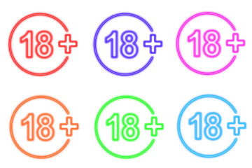 18 plus neon light signs color set isolated shaped objects isolated on white background