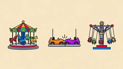Colorful amusement park rides icon set with carousel bumper cars and swing ride.