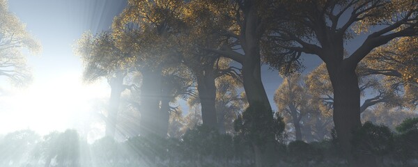 Naklejka premium Autumn forest, autumn park, glow in the trees, rays of sun in the branches, 3D rendering