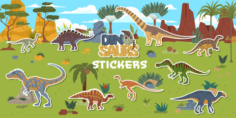 Prehistoric era dinosaur characters stickers pack. Extinct reptile vector patch. Alectrosaurus, Archaeornithomimus, Dravidosaurus and Ouranosaurus, Elaphrosaurus, Aralosaurus dinosaurs stickers © Buch&Bee