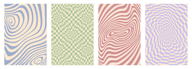 Psychedelic groovy hippie pattern backgrounds, featuring hypnotic distortions and optical illusions in retro colors. Vector set of abstract wavy distorted warped striped and checkered vintage posters