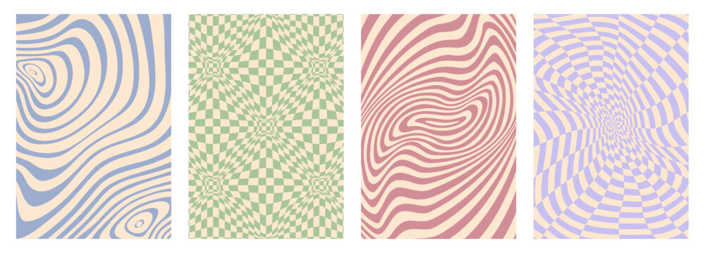 Psychedelic groovy hippie pattern backgrounds, featuring hypnotic distortions and optical illusions in retro colors. Vector set of abstract wavy distorted warped striped and checkered vintage posters