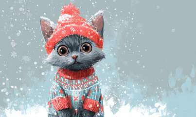 Realistic painting of a fluffy tabby cat in a knitted Christmas sweater and red wool hat, detailed fur texture and warm festive lighting