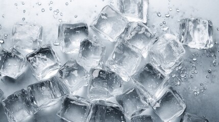 Ice cubes on a white surface with water droplets, with a gray background.