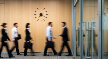 Blurred motion of business professionals moving past a clock on a light wood paneled wall in a modern office setting. The scene captures the rush and pace of corporate life.