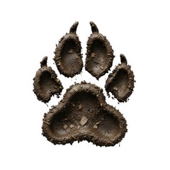 Detailed muddy paw print of a large wild animal isolated on white background