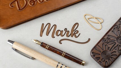 Flat lay of laser engraved Mark with pen and accessories