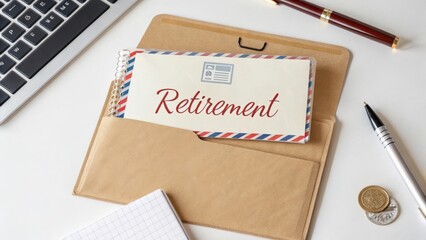 Flat lay of retirement card inside a brown envelope