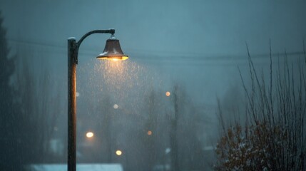 A streetlight illuminates a snowy night, with falling snow and a blurred background of trees and houses.