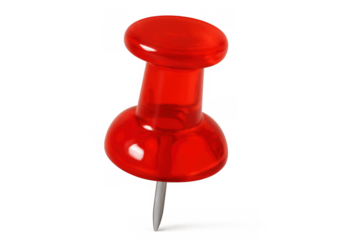 Red clear pushpin standing upright, marking a spot or location, office supply and stationery tool